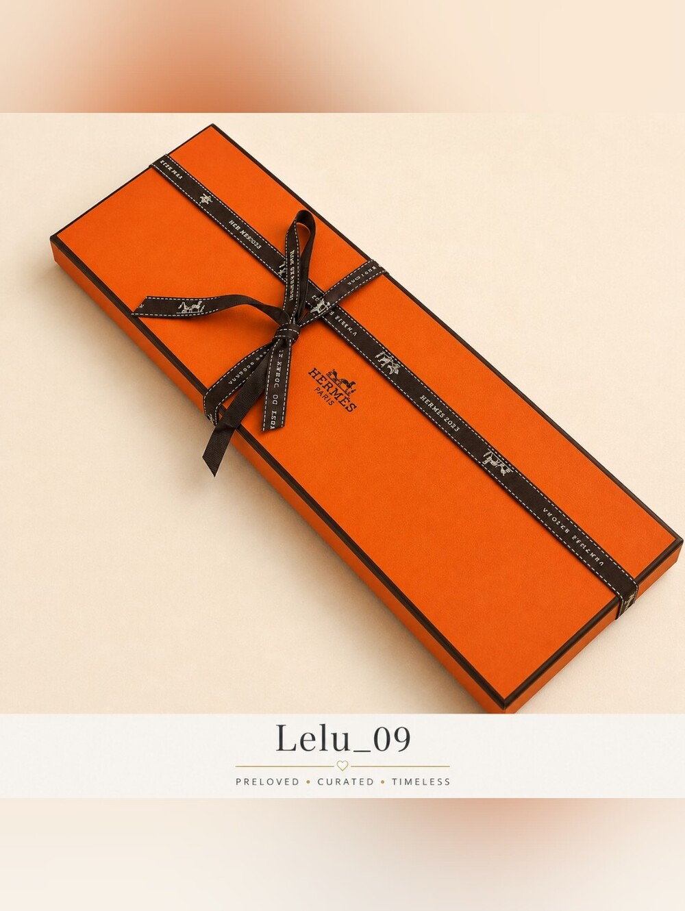 Authentic Hermès box + original “Venture Beyond/ L'Appel Du Large" Brown Ribbon.